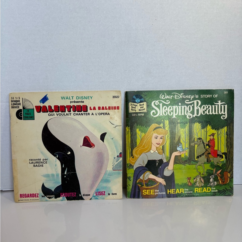 Lot of 2 Vintage Disney Read-Along Books• Sleeping Beauty + Valentine La Baleine